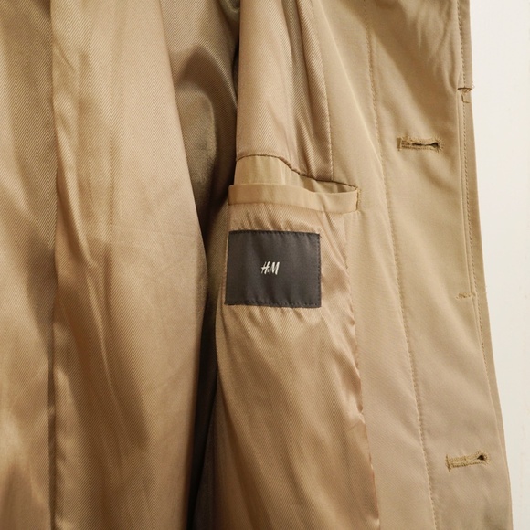 H&M Men’s Trench Car Coat 42R Tan Long Overcoat Collared Winter Jacket - Picture 5 of 11